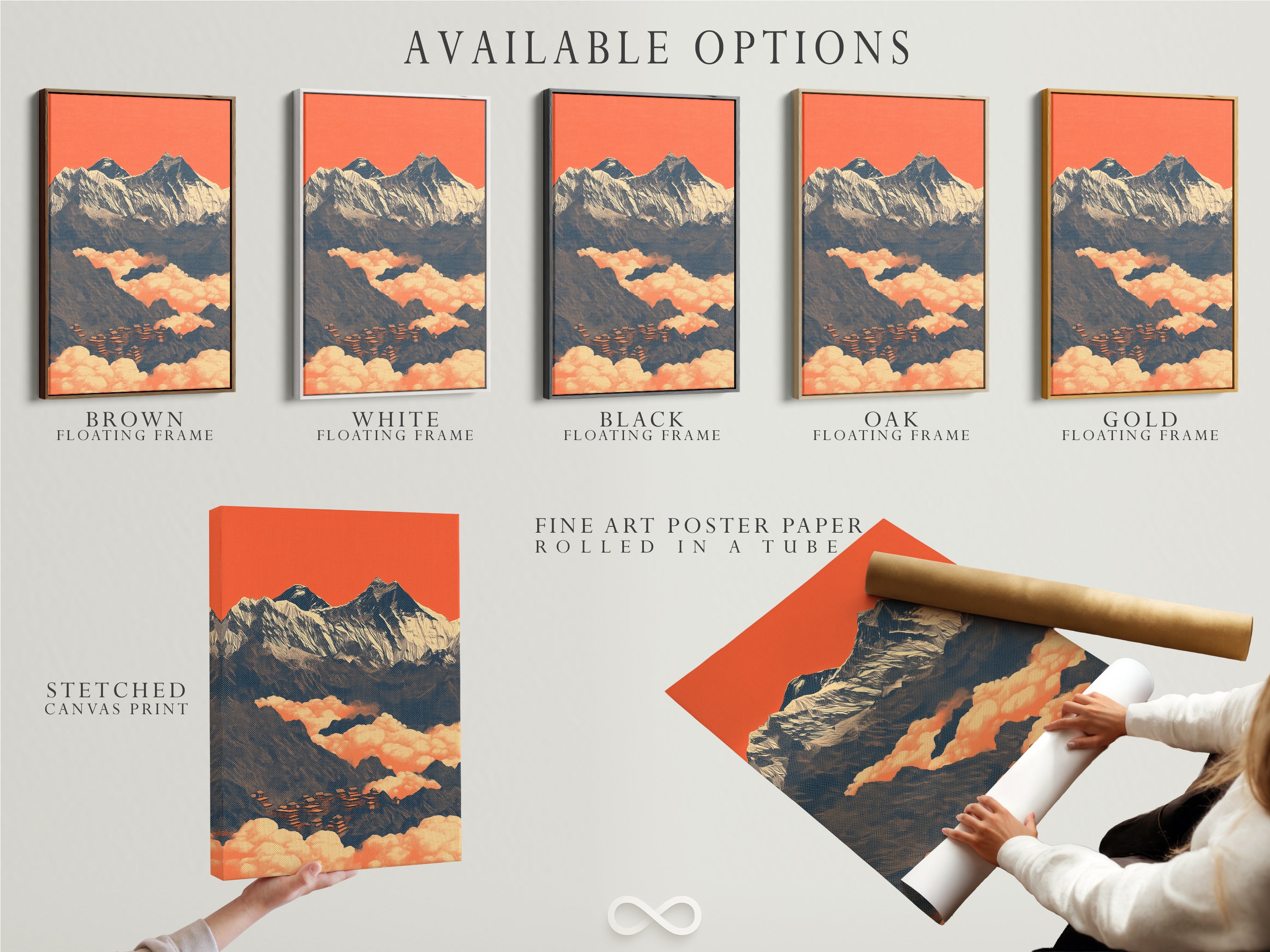 Available options for our mountain peak canvas print. Choose between stretched canvas fine art poster paper or a floating frame. Customize your Himalayan wall art to match your style and decor.