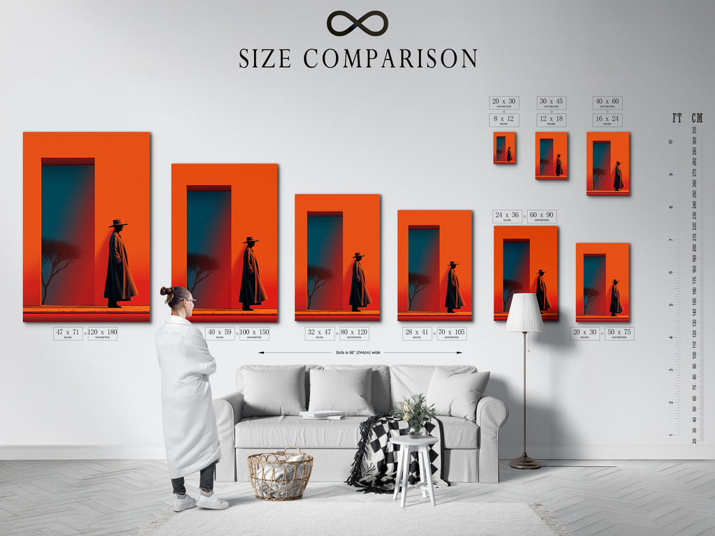 Size comparison chart of Western Cowboy art in an interior. See how the different sizes fit in a living space. The retro desert art features orange and teal colors. This silhouette art is perfect for any home.