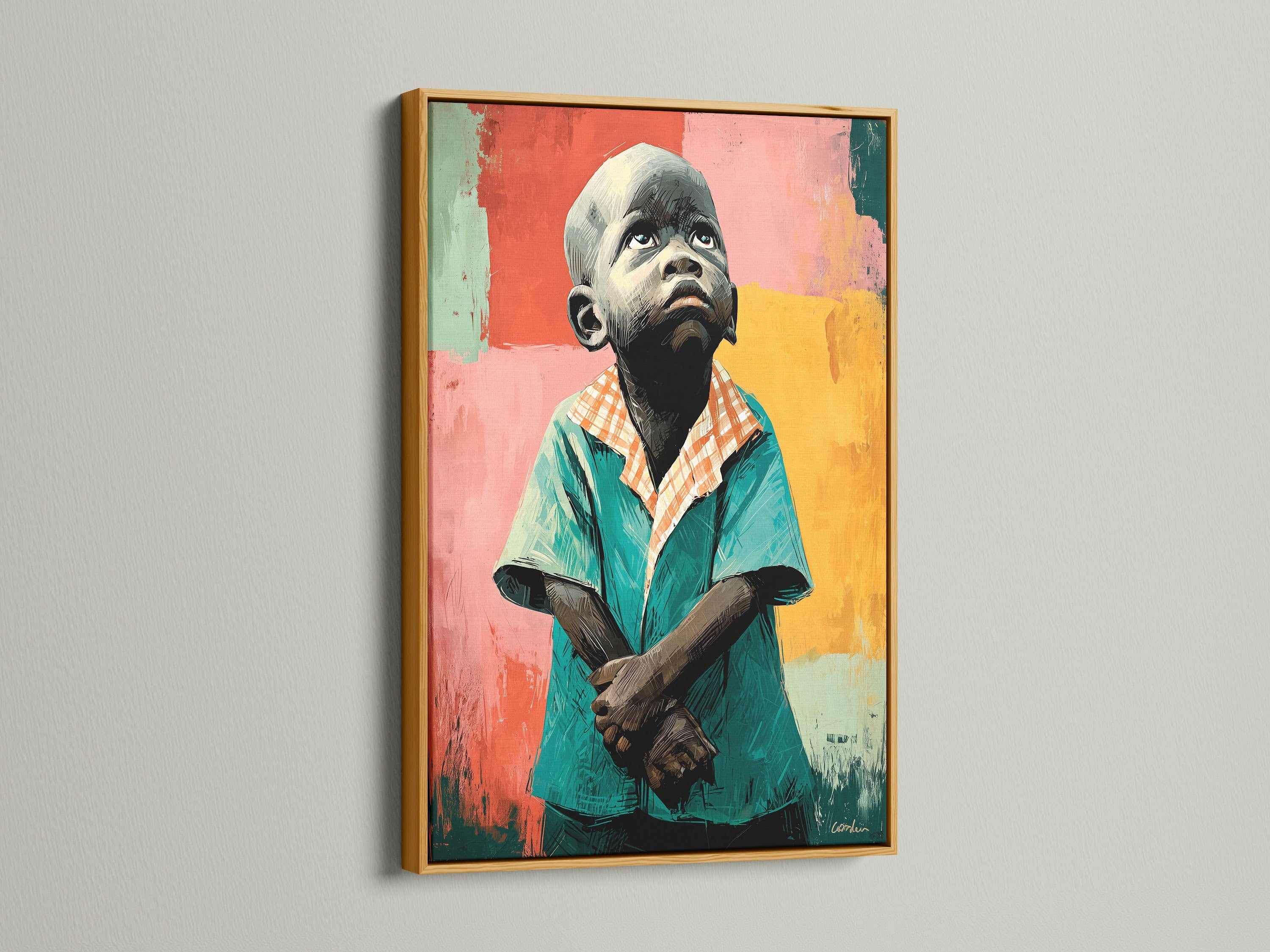 The Thoughtful Boy artwork is presented in a gold frame. A gold frame adds a touch of elegance to this portrait canvas. It enhances the teal and coral tones. It is a unique art piece for a modern space. Elevate your study room decor with this expressive print.
