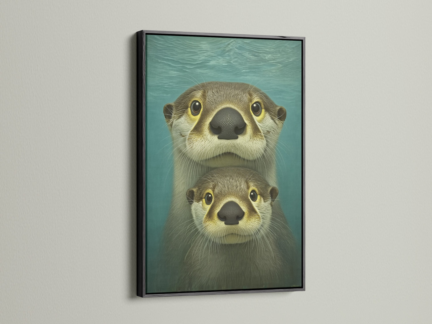 A black frame highlights this cute otter artwork. The teal blue coastal artwork enhances nursery decor. This animal canvas is perfect for adding a touch of whimsy to kids' rooms or family spaces. A charming piece for ocean art lovers.