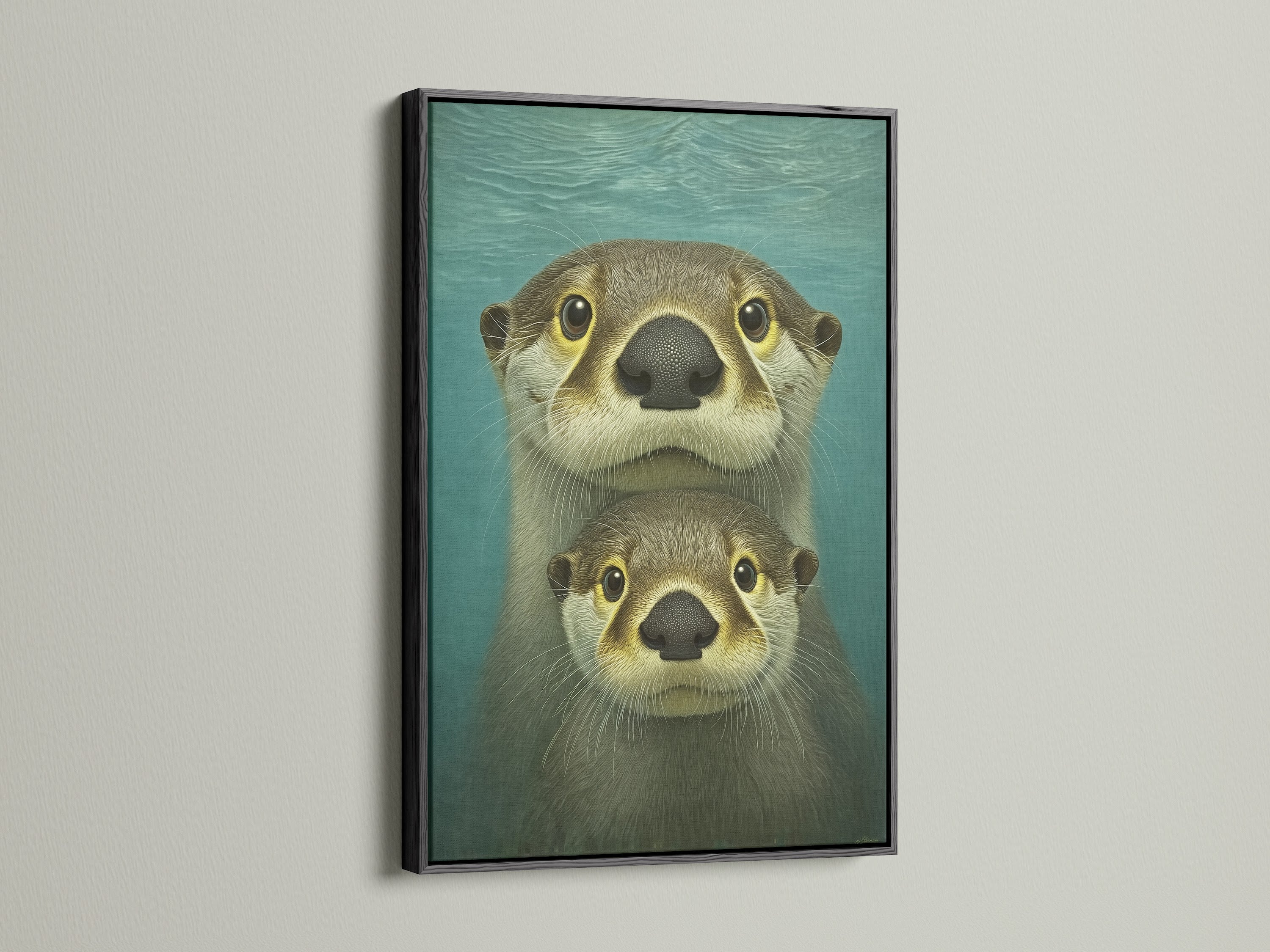 A black frame highlights this cute otter artwork. The teal blue coastal artwork enhances nursery decor. This animal canvas is perfect for adding a touch of whimsy to kids' rooms or family spaces. A charming piece for ocean art lovers.