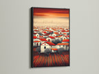 The 'Red Roof Village' artwork is presented in a black frame. The dark frame makes the colors pop. This rustic wall art is a perfect addition to your home decor. The Mediterranean town scene creates a focal point.