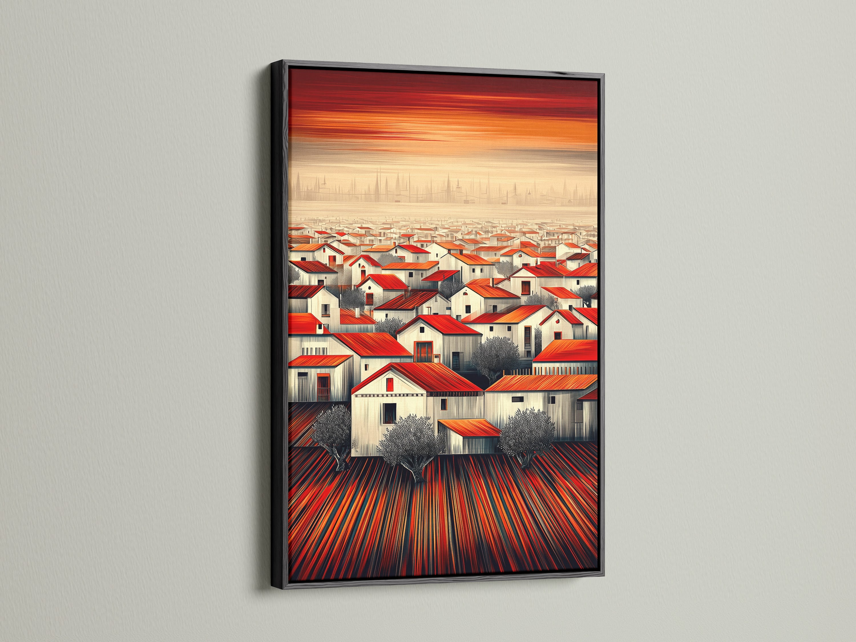 The 'Red Roof Village' artwork is presented in a black frame. The dark frame makes the colors pop. This rustic wall art is a perfect addition to your home decor. The Mediterranean town scene creates a focal point.