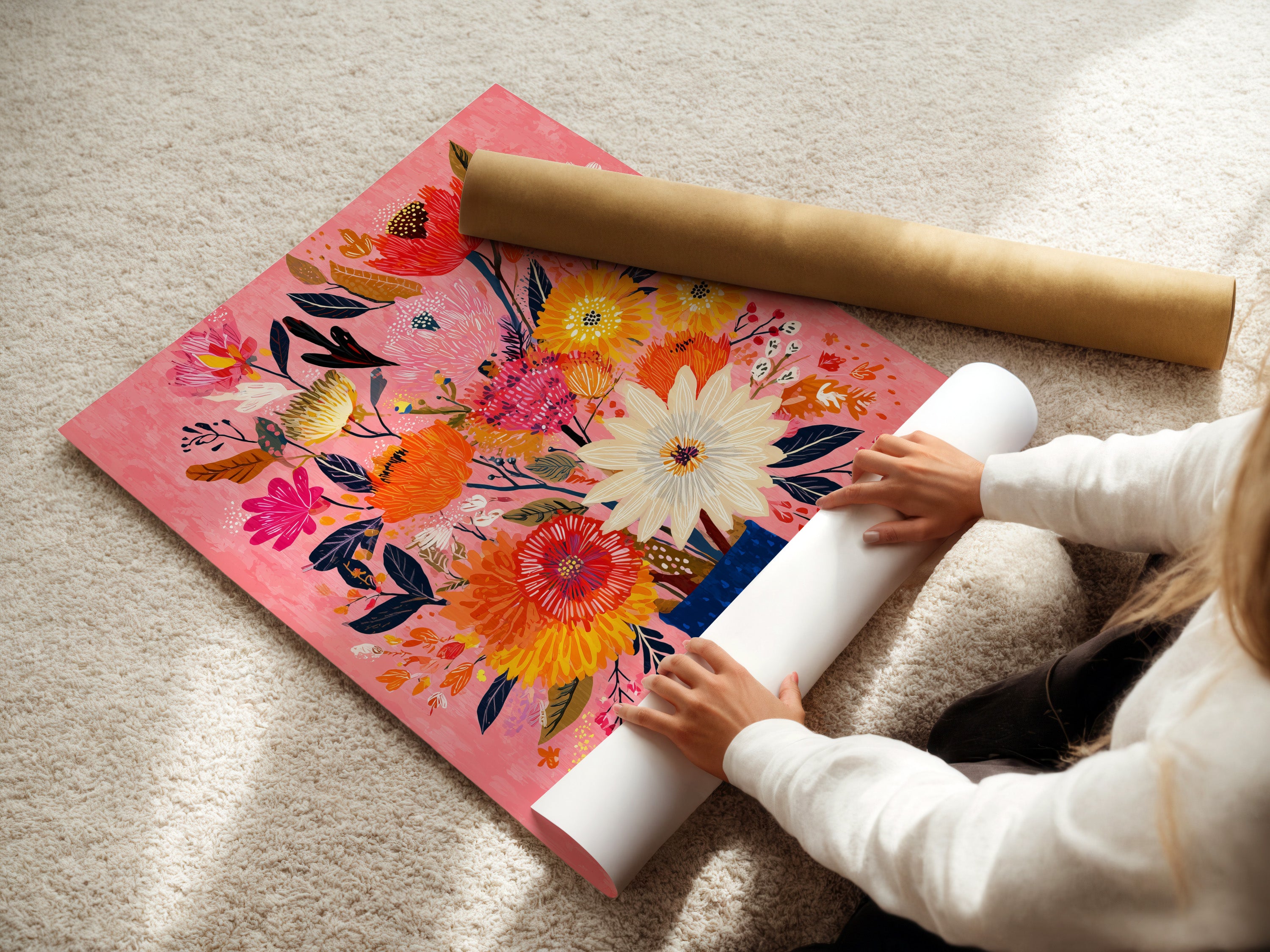 Vibrant Floral Bouquet Art Print - Pink Background Wall Art, Colorful Flower Vase Painting, Modern Botanical Home Decor, Living Room