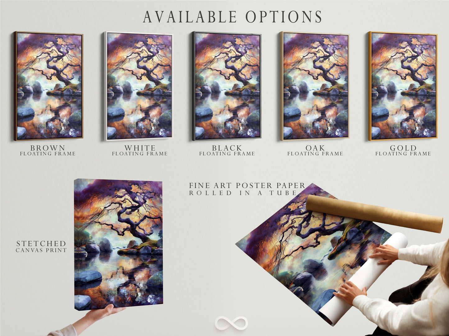 This image presents available options for the Japanese Tree artwork. Options include a stretched canvas print fine art poster paper and a floating frame. The zen water reflection and Asian landscape are highlighted. Choose the perfect format for your decor needs.
