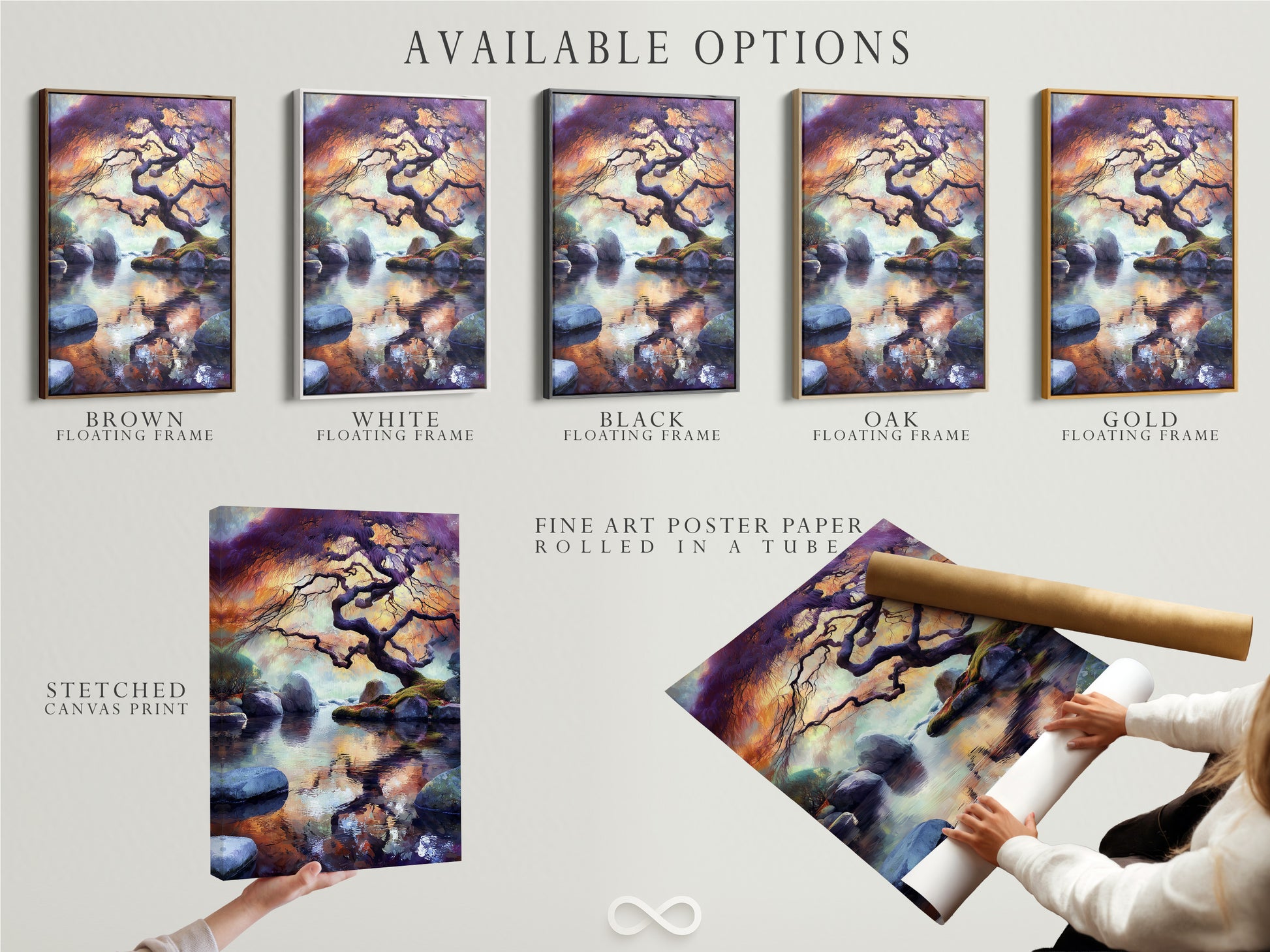 This image presents available options for the Japanese Tree artwork. Options include a stretched canvas print fine art poster paper and a floating frame. The zen water reflection and Asian landscape are highlighted. Choose the perfect format for your decor needs.