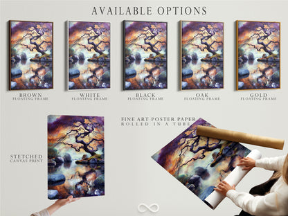 This image presents available options for the Japanese Tree artwork. Options include a stretched canvas print fine art poster paper and a floating frame. The zen water reflection and Asian landscape are highlighted. Choose the perfect format for your decor needs.