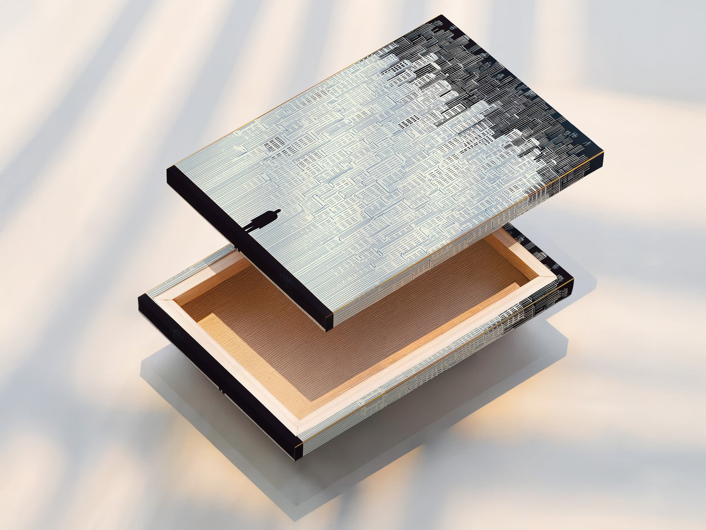 This is a stretched canvas print of a cityscape artwork. The stretched canvas print is ready to hang. Perfect for adding a modern touch to your home. This minimalist building wall art enhances any room. The urban silhouette poster is a great choice.