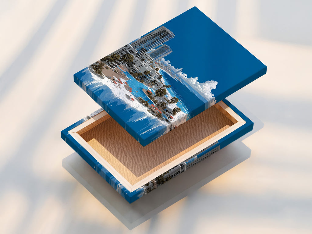 A stretched canvas print of the Surreal Frozen City artwork. The canvas texture enhances the fantasy landscape. Perfect for creating a focal point in any room. Explore our coastal and tropical art.