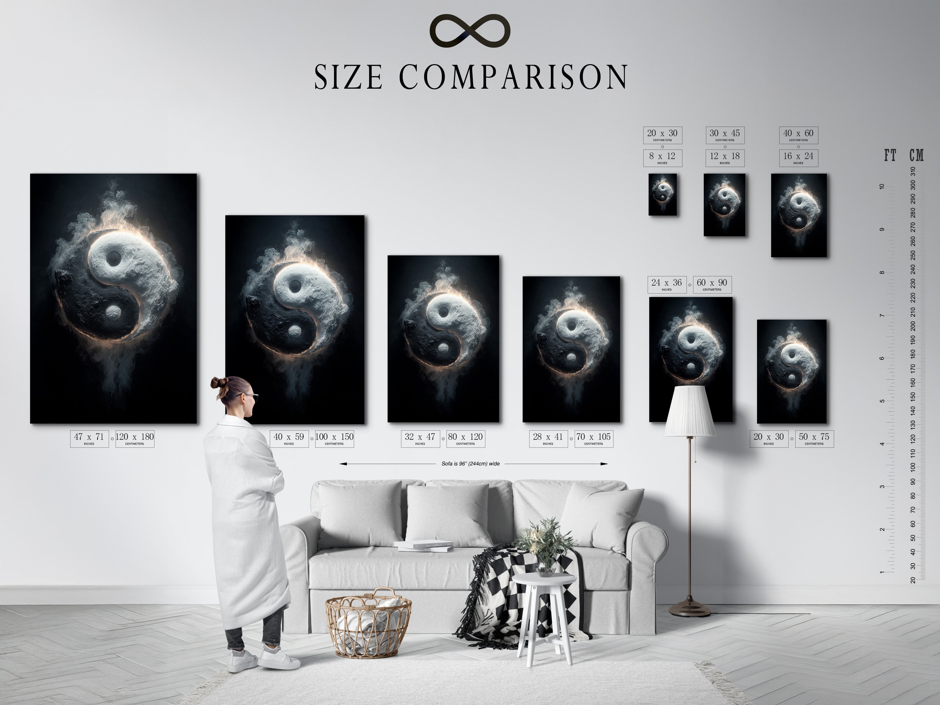 A size comparison chart displayed in an interior setting. Visualize the perfect art size for your space. This chart helps you choose the right dimensions. Find the ideal fit for your walls with framed art. Transform your home with perfectly sized artwork.