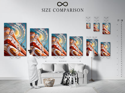 A size comparison chart shows the artwork in an interior setting. Visualize how the mountain climbing art will fit in your space. This sporty wall art is ideal for a home gym or man cave. The adventure print is a great gift for climbers and fitness enthusiasts.