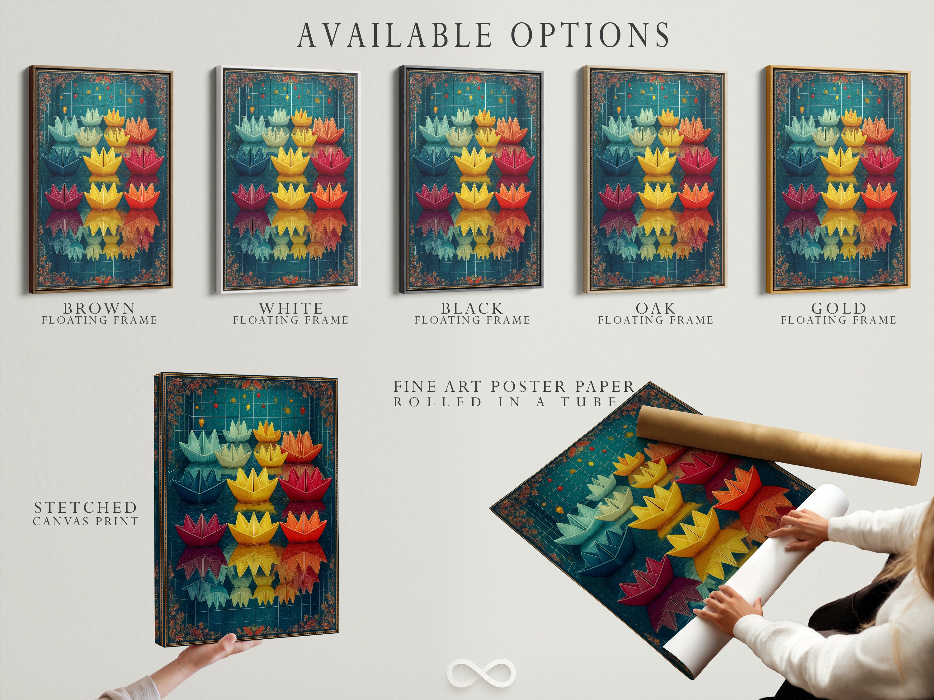 Available options for the Paper Boat artwork. Choose from a stretched canvas print. Consider fine art poster paper or a floating frame. Find the perfect style for your modern kids art and nursery decor.