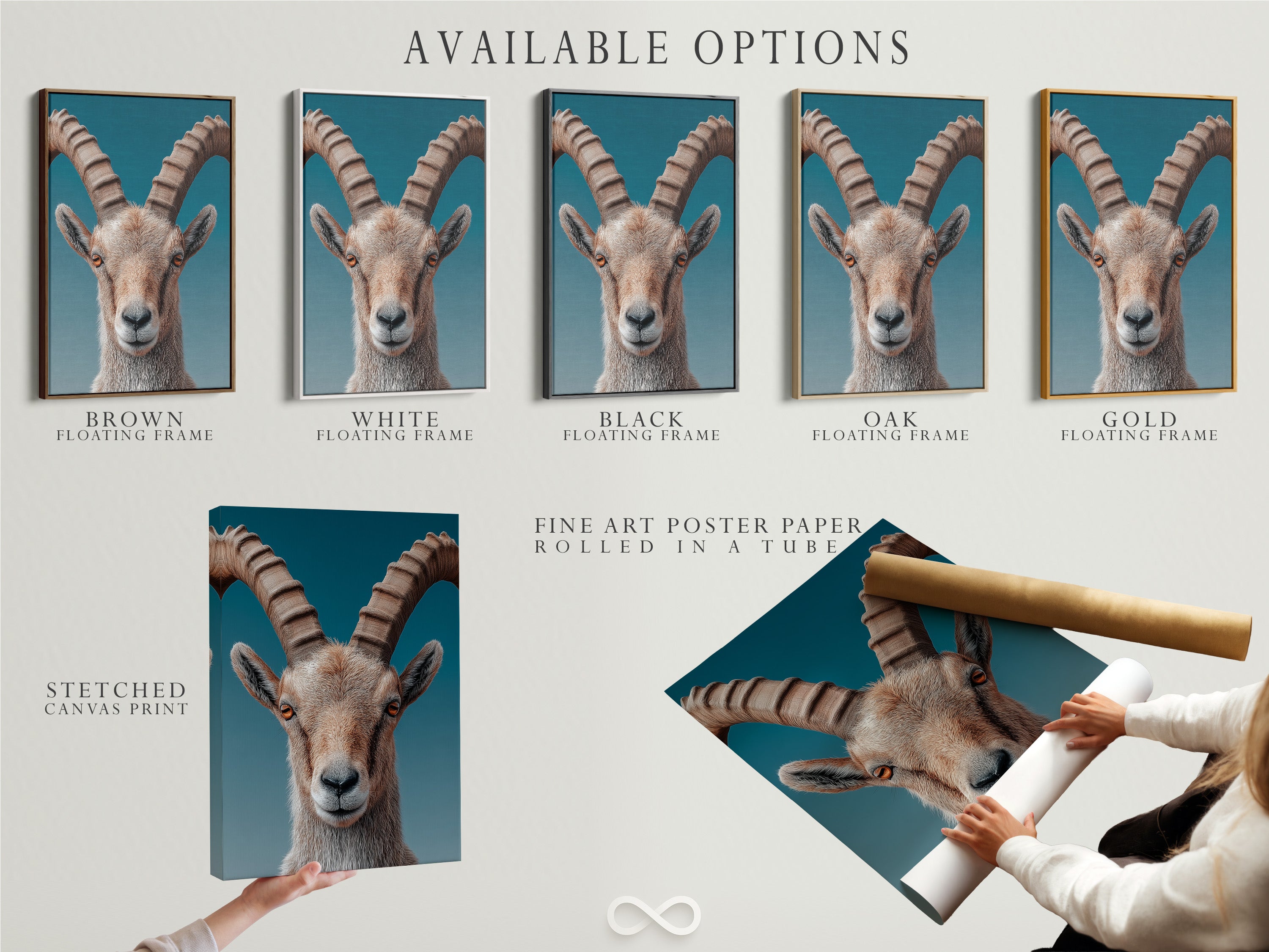 Available options include stretched canvas prints. Fine art poster paper and floating frames are available. Choose the perfect format for your artwork. Customize your display to match your style. Explore the variety of art display options.