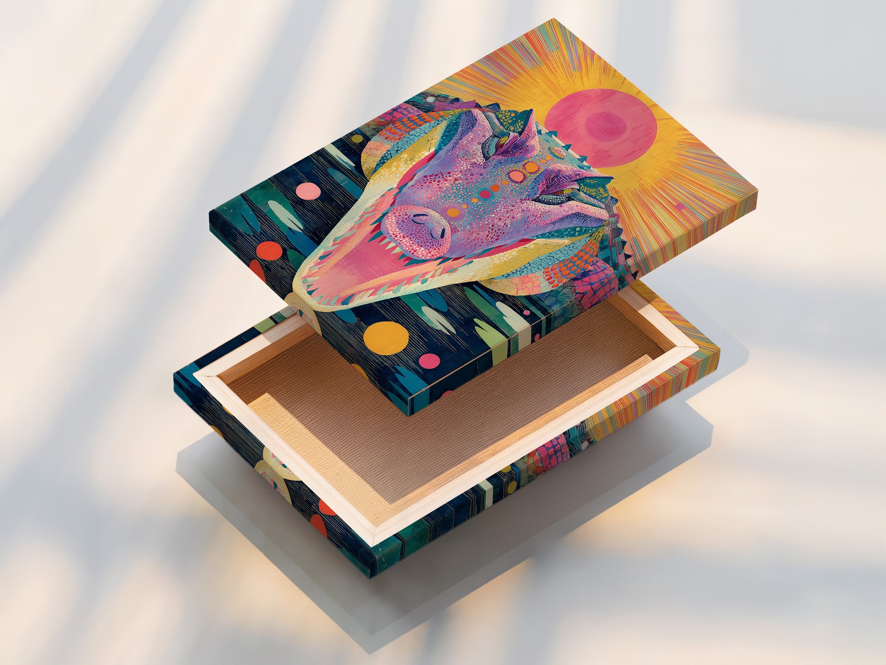 A stretched canvas print showcases a psychedelic crocodile artwork. The colorful trippy artwork is ready to hang. This surreal animal artwork adds a vibrant touch. Ideal for funky home decor and retro psychedelic artwork. It enhances any room's aesthetic appeal.