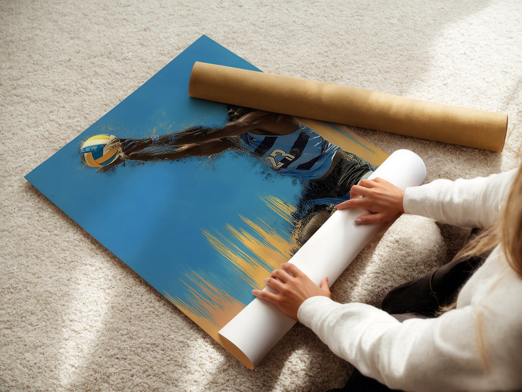 A woman is carefully rolling a fine art poster paper. This ensures the volleyball sports artwork remains pristine. High-quality printing and careful handling guarantee a perfect product. Order yours today.