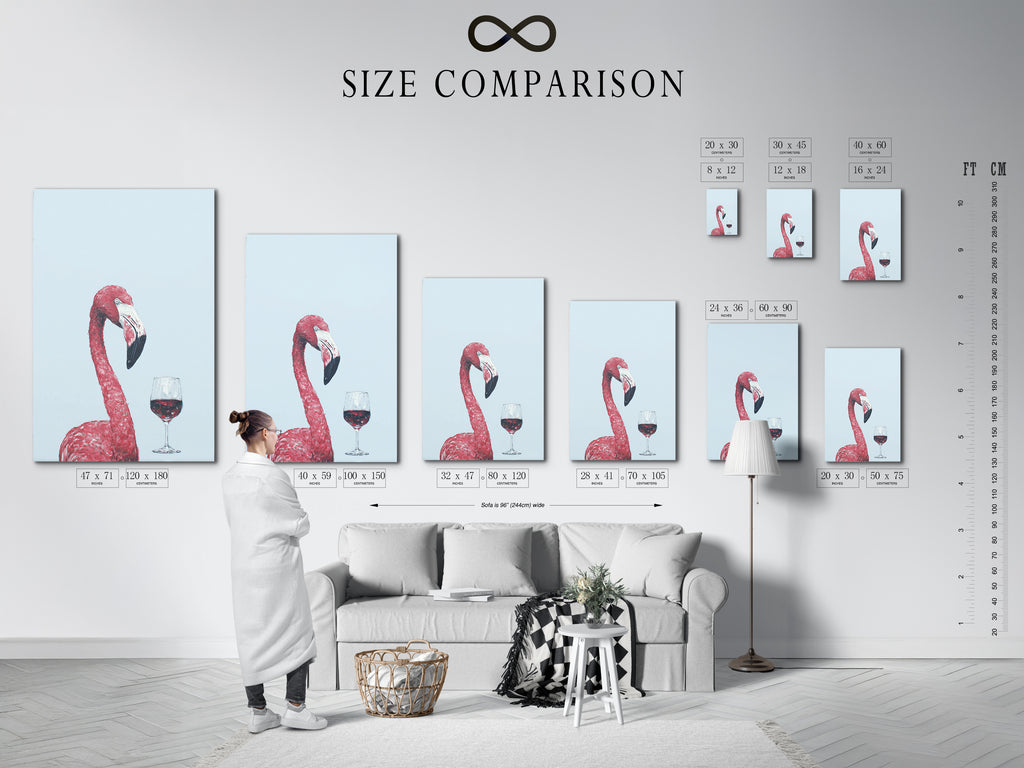 A size comparison chart displayed in an interior setting. Visualize the perfect fit for your flamingo artwork. Find the ideal dimensions for your canvas or poster print.
