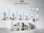A size comparison chart displayed in an interior setting. Visualize the perfect fit for your flamingo artwork. Find the ideal dimensions for your canvas or poster print.