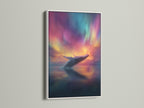 Artwork featuring a whale breaching under the northern lights. The art is displayed in a white frame. The white frame offers a clean minimalist look. It complements modern interiors. This art piece brings a serene touch to your space.