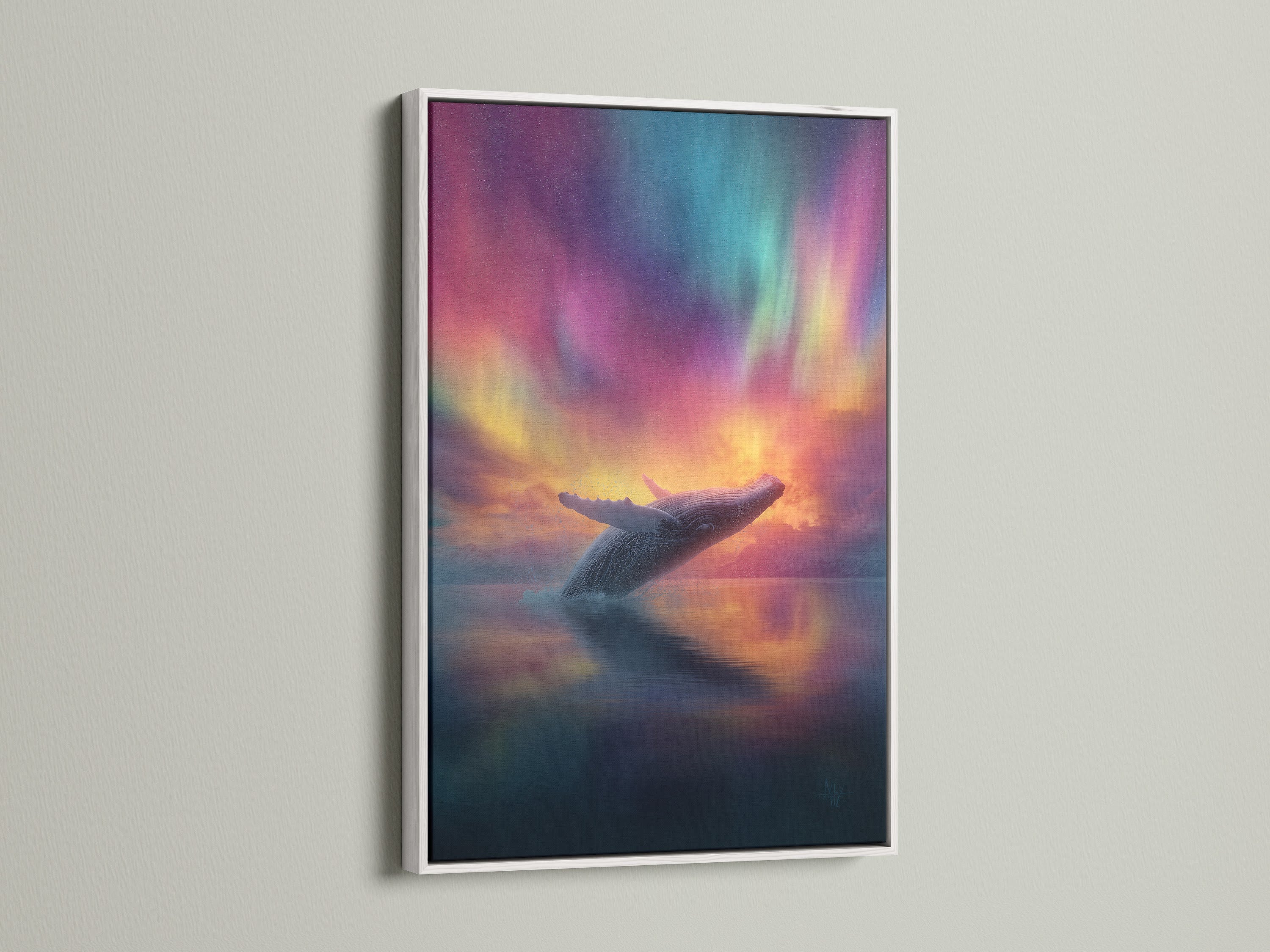 Artwork featuring a whale breaching under the northern lights. The art is displayed in a white frame. The white frame offers a clean minimalist look. It complements modern interiors. This art piece brings a serene touch to your space.