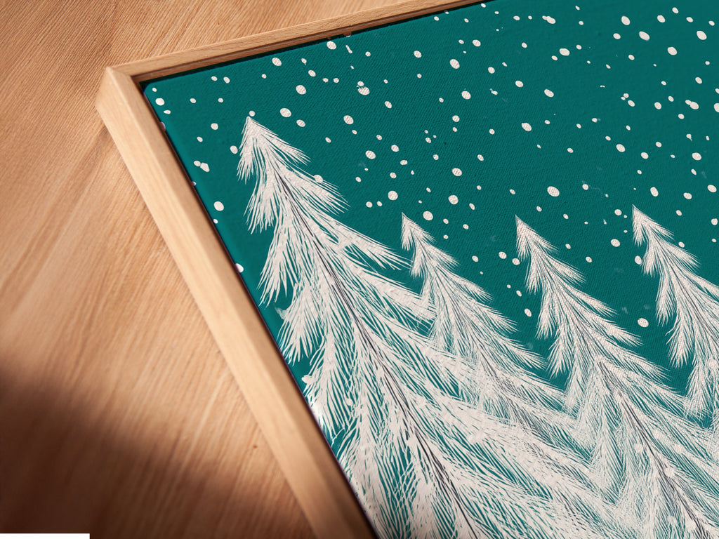 Angled close-up of a canvas print in a floating frame. The artwork features a pink train and snowy forest scene. The floating frame enhances the modern feel. It's a great choice for contemporary holiday decor or a special gift.
