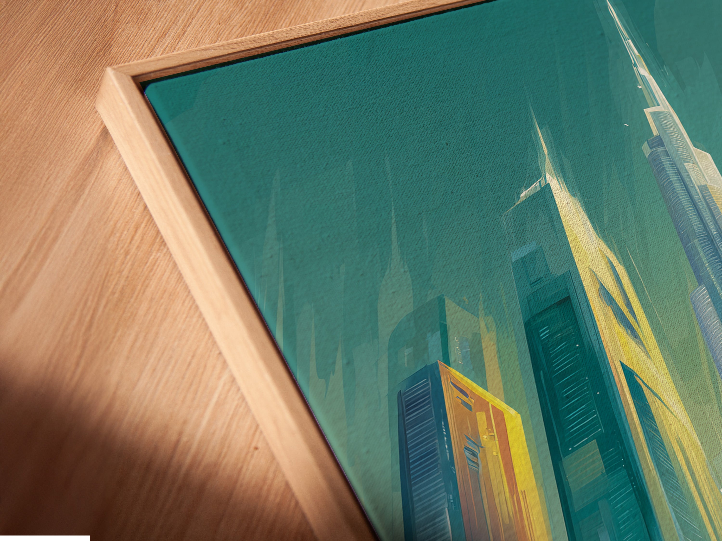 Close up angled view of a canvas print in a floating frame. The floating frame creates a modern gallery look. It adds depth and dimension to the artwork. A stylish way to showcase your favorite prints and elevate your decor now.