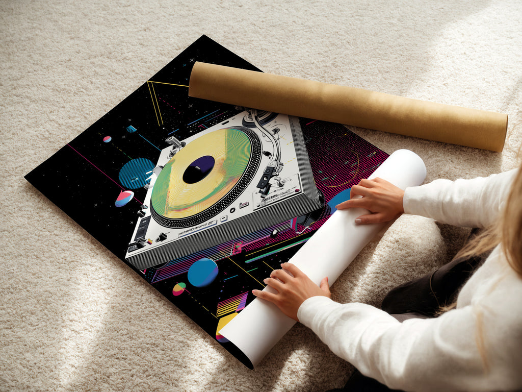 Woman rolling a fine art poster paper of retro turntable art. This synthwave music wall art is vaporwave DJ decor. Ideal for music lovers and studio spaces. Perfect for musicians and sound engineers.