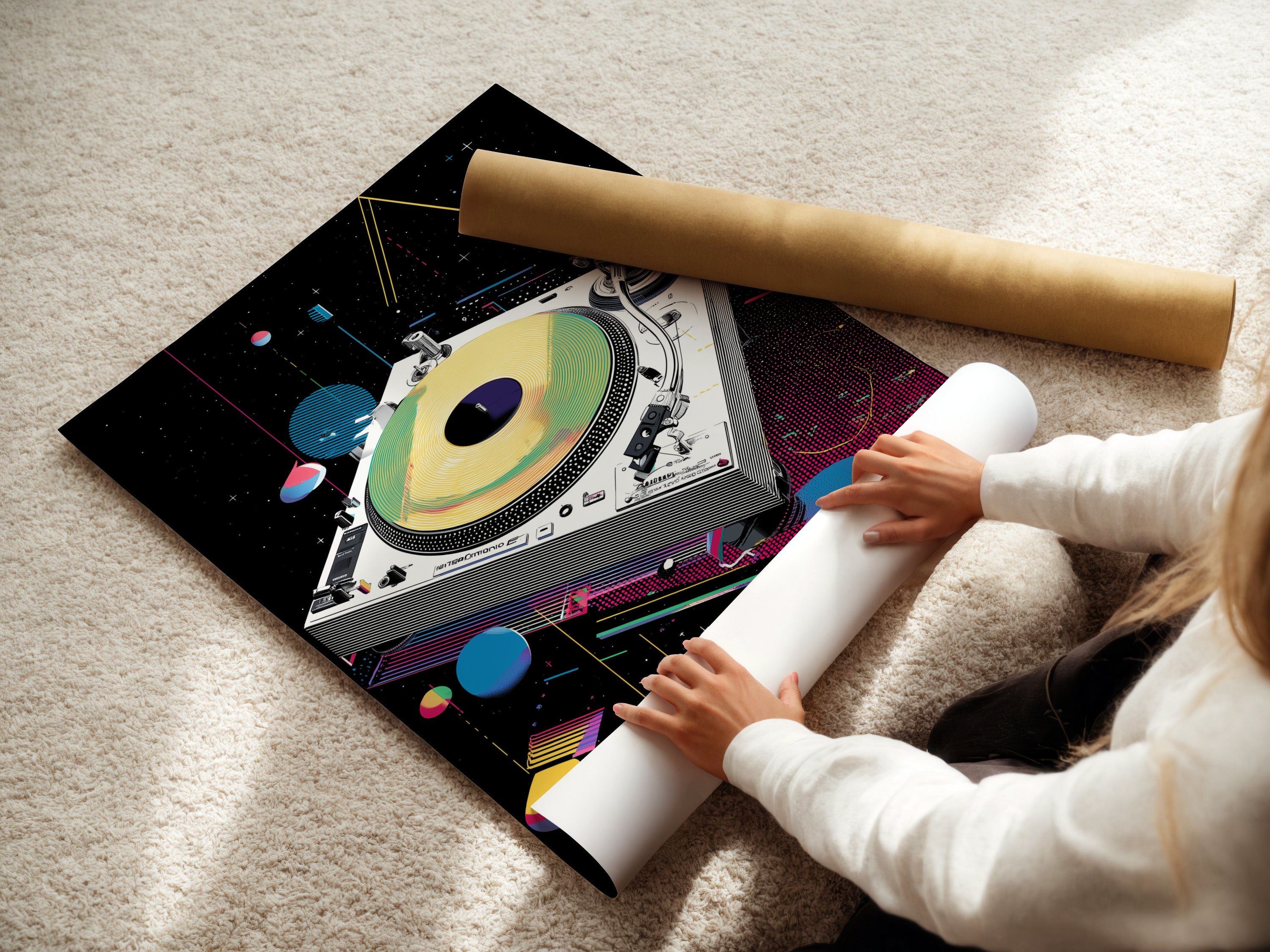 Woman rolling a fine art poster paper of retro turntable art. This synthwave music wall art is vaporwave DJ decor. Ideal for music lovers and studio spaces. Perfect for musicians and sound engineers.
