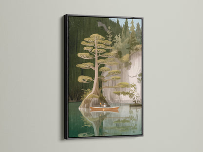 Lake and Canoe print with a black frame. The black frame adds a touch of sophistication. It makes the forest canvas pop. Perfect for creating a focal point in your office or study. Enjoy this scenic artwork in your home or lodge.