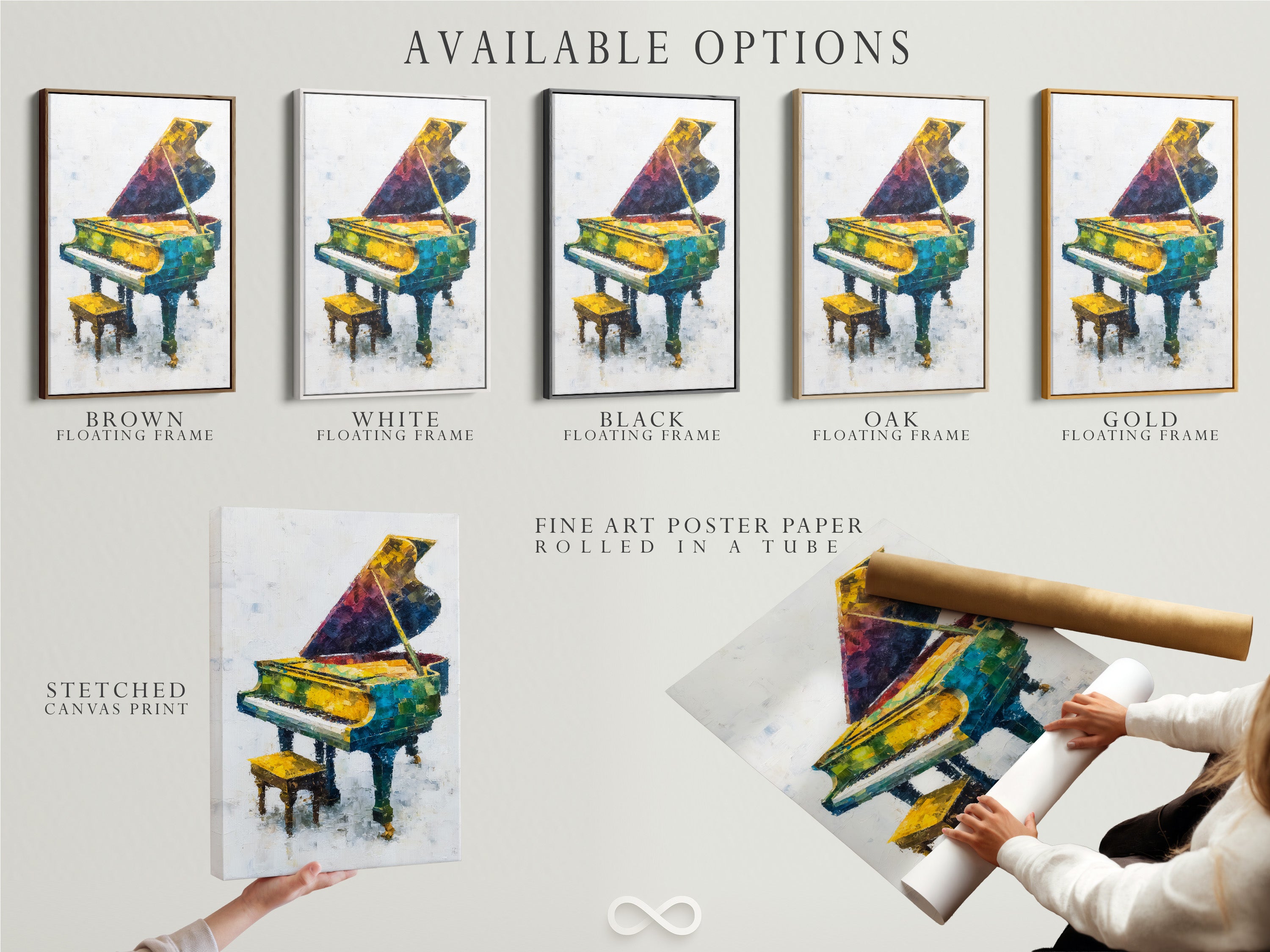 Explore available options for this colorful piano artwork. Choose from a stretched canvas print fine art poster paper or a floating frame. This abstract music canvas wall art suits any style. Perfect for music room decor or as a unique musician gift.