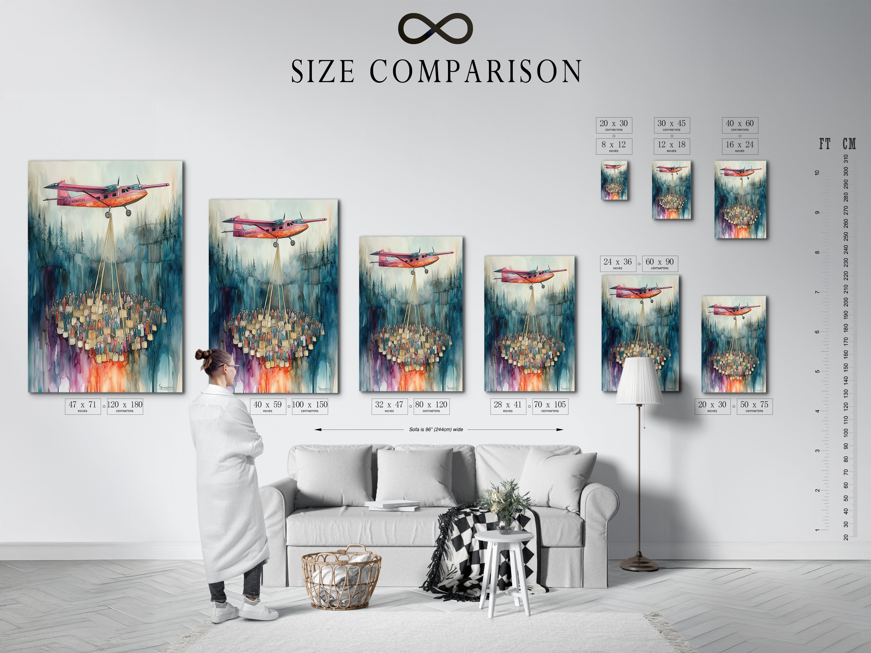 A size comparison chart in an interior setting. The chart demonstrates available artwork sizes. The watercolor airplane artwork features a pink airplane and a crowd of people. Choose the perfect size for your space.