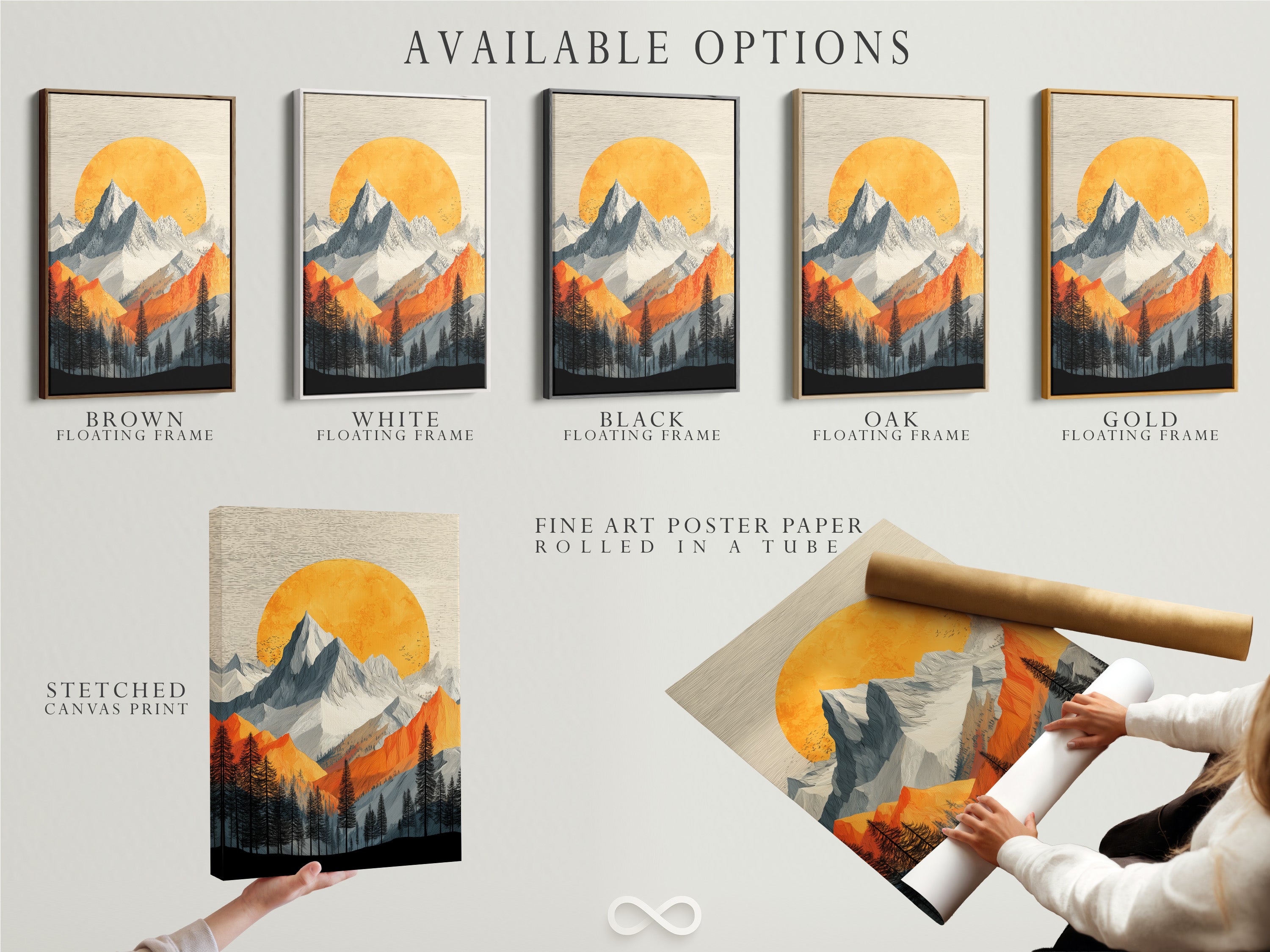 Available options are displayed. Stretched canvas print fine art poster paper and floating frame. Showcasing the Mountain Sunset artwork. Vintage alpine wall art in orange and gray tones. Find the perfect format for your nature wall decor. Enhance your space with this artwork.
