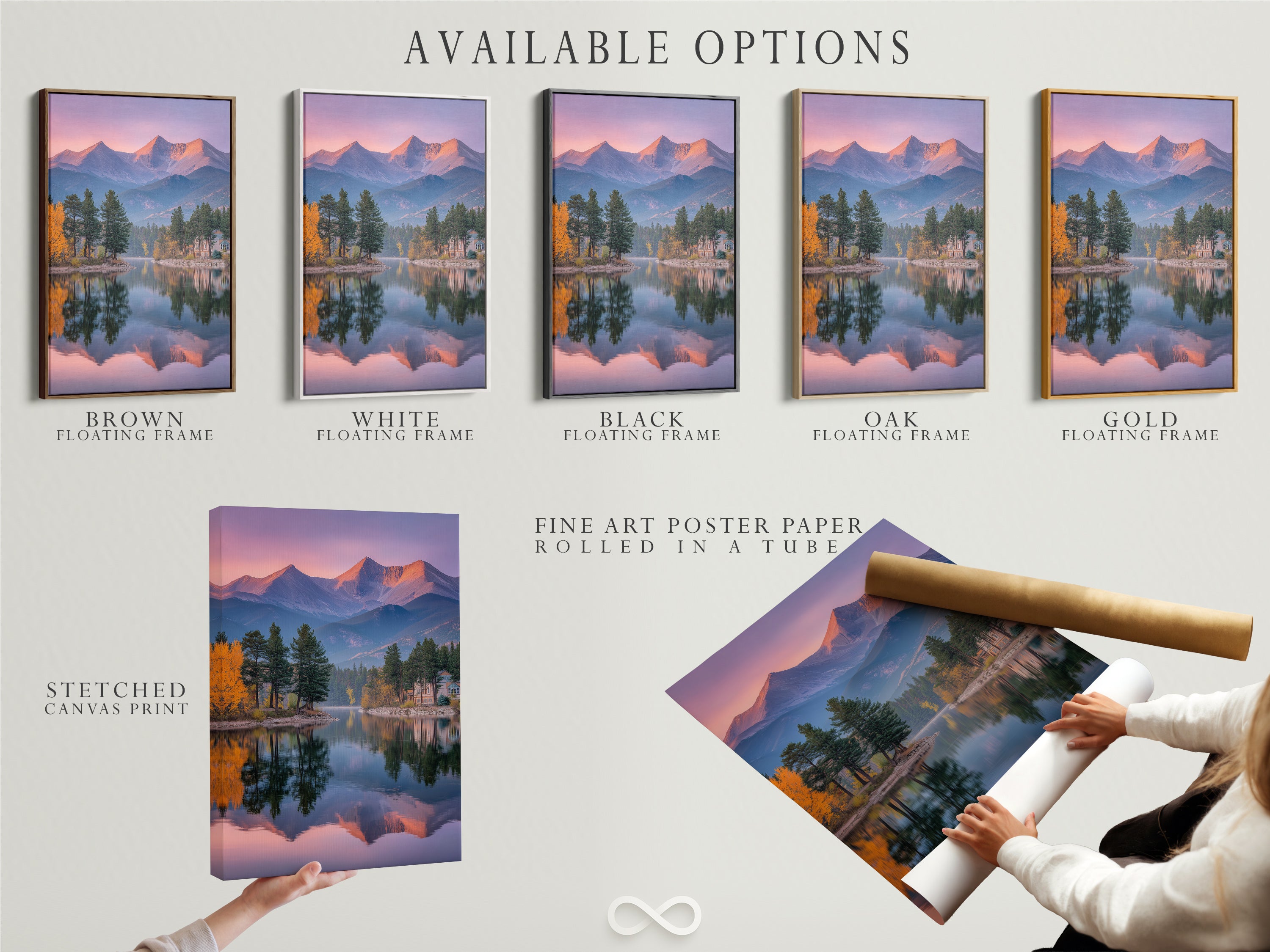Explore available options for this mountain lake artwork. Choose from a stretched canvas print fine art poster paper or floating frame. Each option enhances the serene landscape. This piece is perfect for your wall decoration.