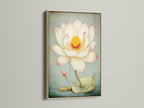 A close-up view of a Lotus Flower canvas print. The artwork is framed in a light oak frame. This floral canvas adds a touch of nature indoors. Enhance your home decor with this botanical print. Great for creating a peaceful atmosphere.