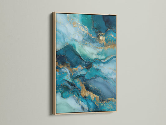 This captivating abstract ocean artwork features teal and gold hues. It's framed in oak giving it a natural touch. This fluid art poster brings modern sophistication to any space. Ideal for coastal or minimalist decor adding serene and stylish flair.