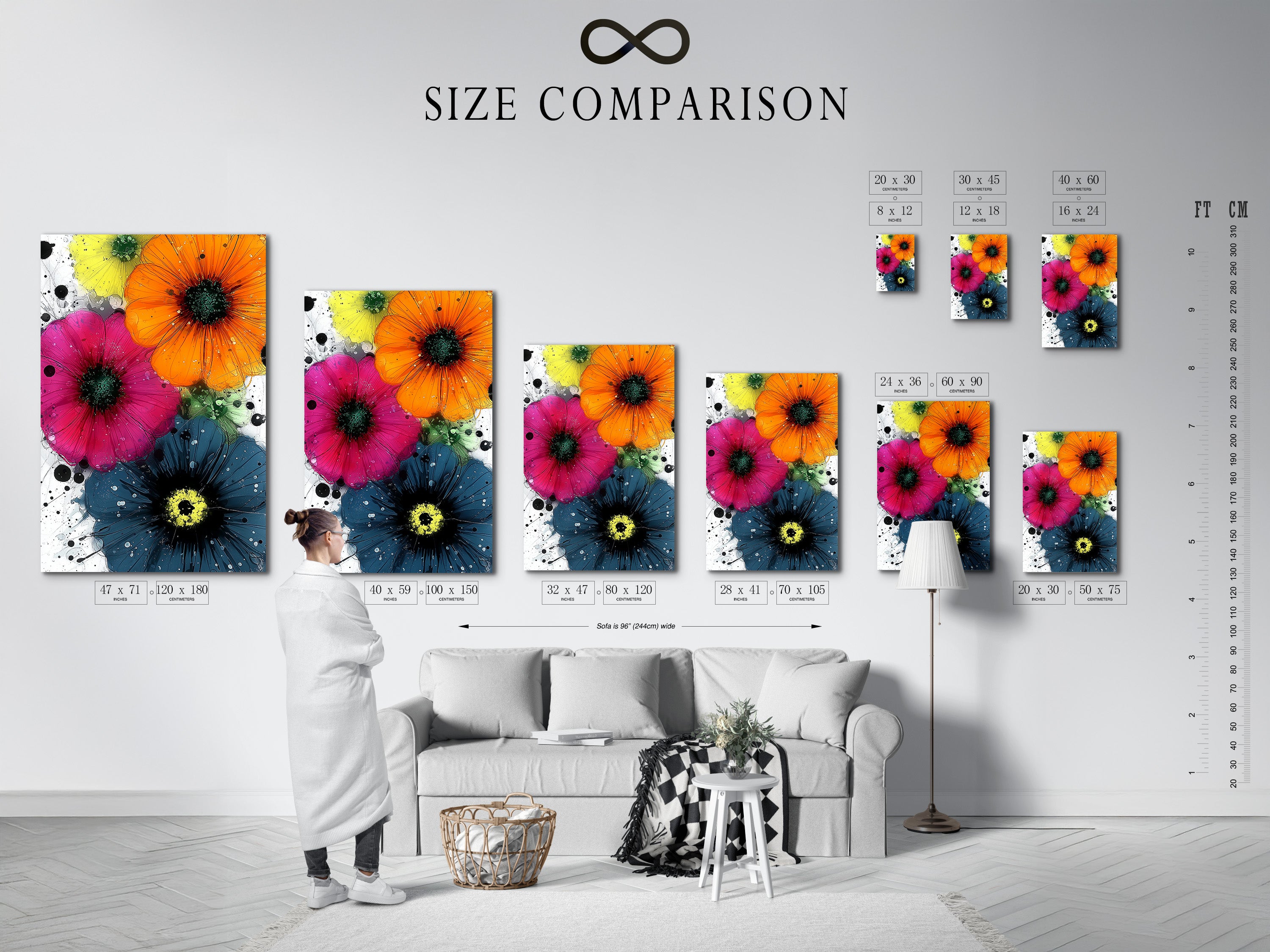Size comparison chart in an interior setting. See how the vibrant flower artwork fits in different spaces. This colorful botanical wall art features orange pink and blue flowers. Ideal for homeowners renters and interior stylists seeking refined art.