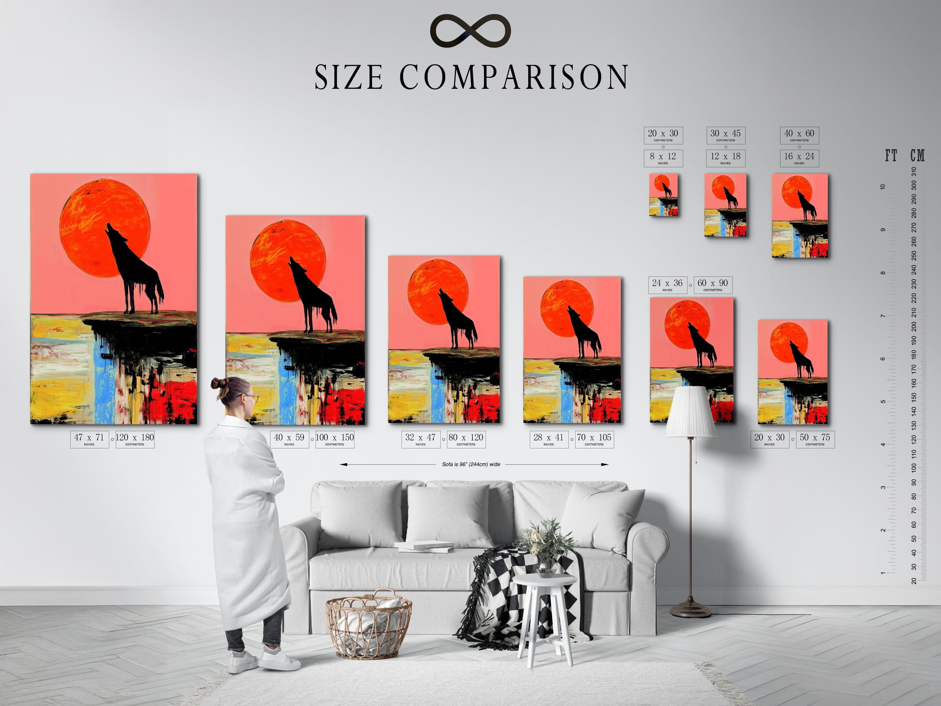A size comparison chart shows the Wolf Moon Canvas Art in an interior setting. See how different sizes fit in various spaces. This abstract wildlife print features a colorful sunset. Choose the perfect size for your bedroom decor or living room. Visualize your modern animal art before you buy.