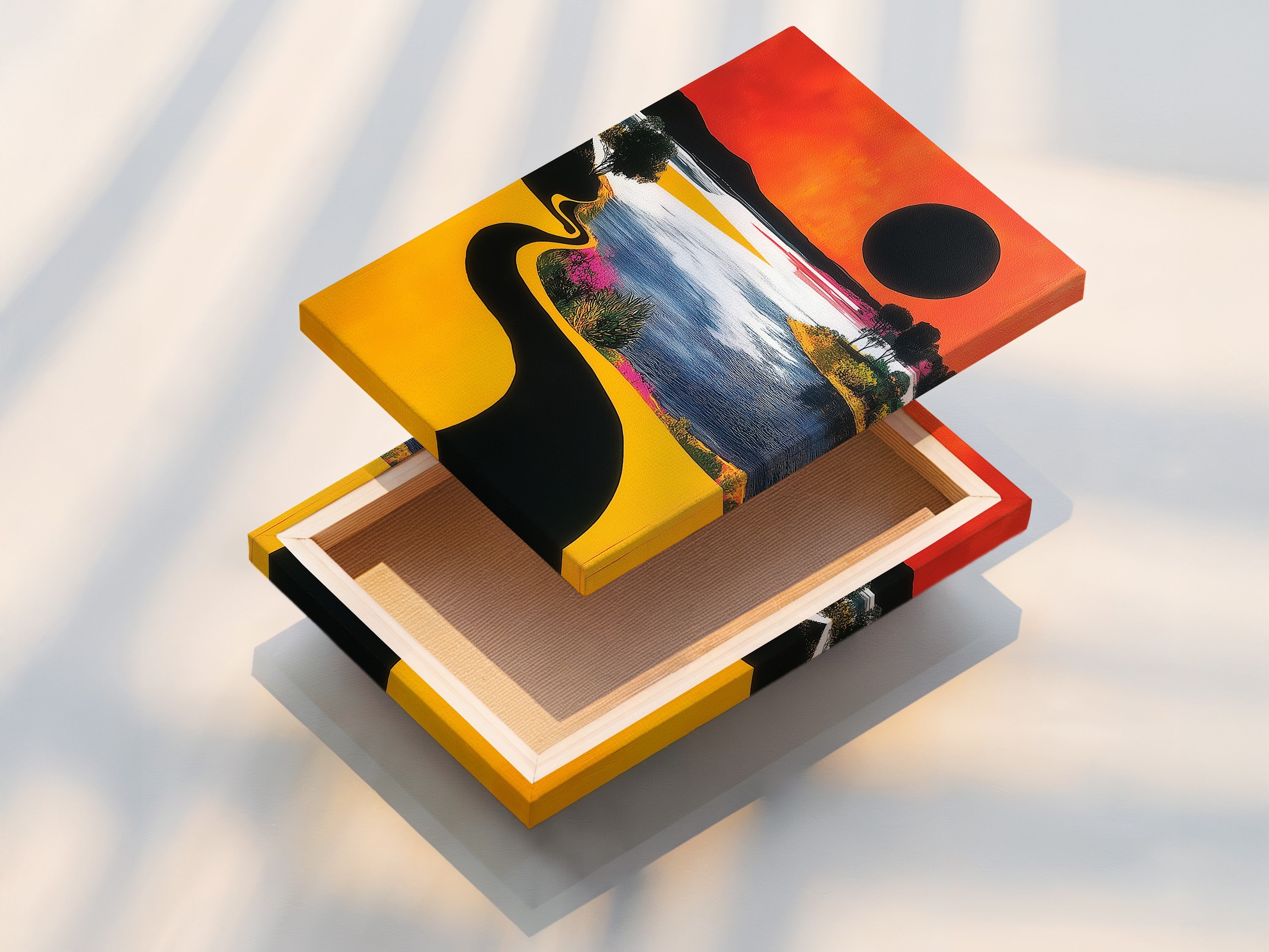 Here is a stretched canvas print. The abstract landscape artwork is ready to hang. The canvas adds texture and depth to the modern art print. This is perfect for living rooms bedrooms or offices.