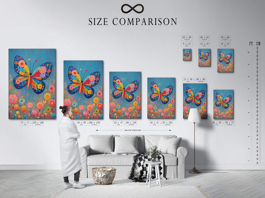 A size comparison chart shows the Butterfly artwork in an interior setting. The colorful floral piece enhances the room. See how this whimsical art fits. Visualize it in your space.
