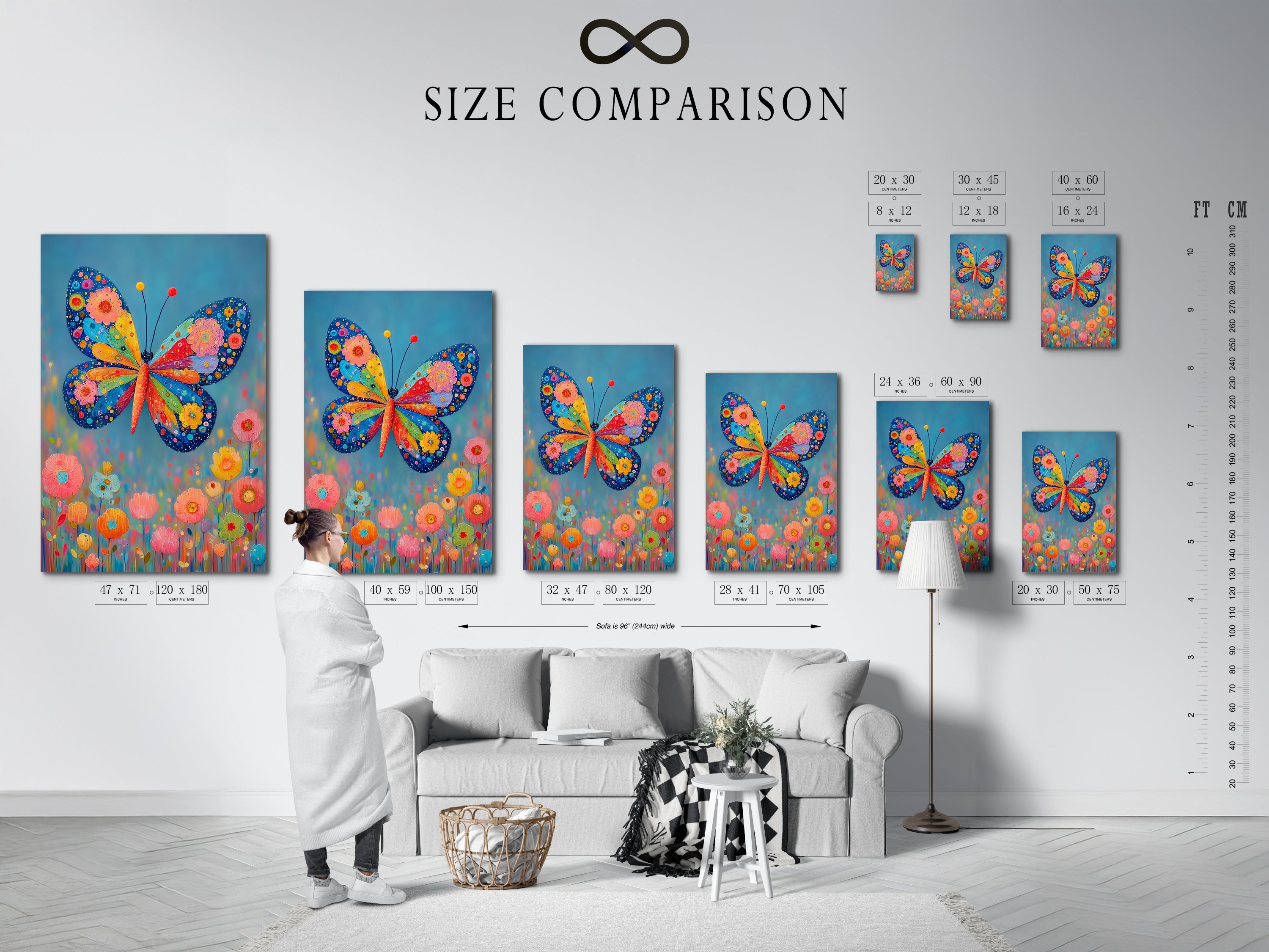 A size comparison chart is displayed in an interior setting. Visualize the perfect size for your butterfly canvas print. This helps you choose the best fit for your wall decor needs. It is great for planning your floral artwork arrangement.