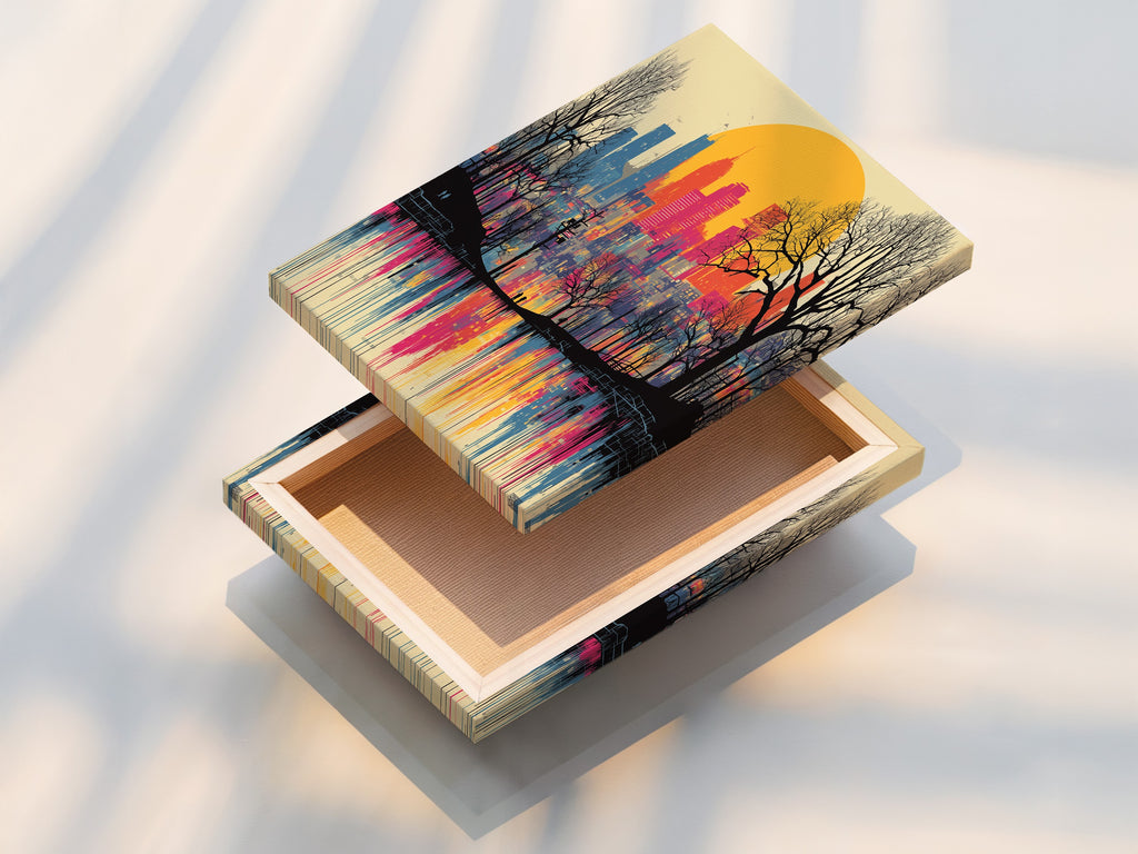 Stretched canvas print of a City Skyline. The artwork features a colorful sunset over an urban landscape with a drip paint style. This modern cityscape is ready to hang. It makes a statement in any room. The stretched canvas enhances the artwork.