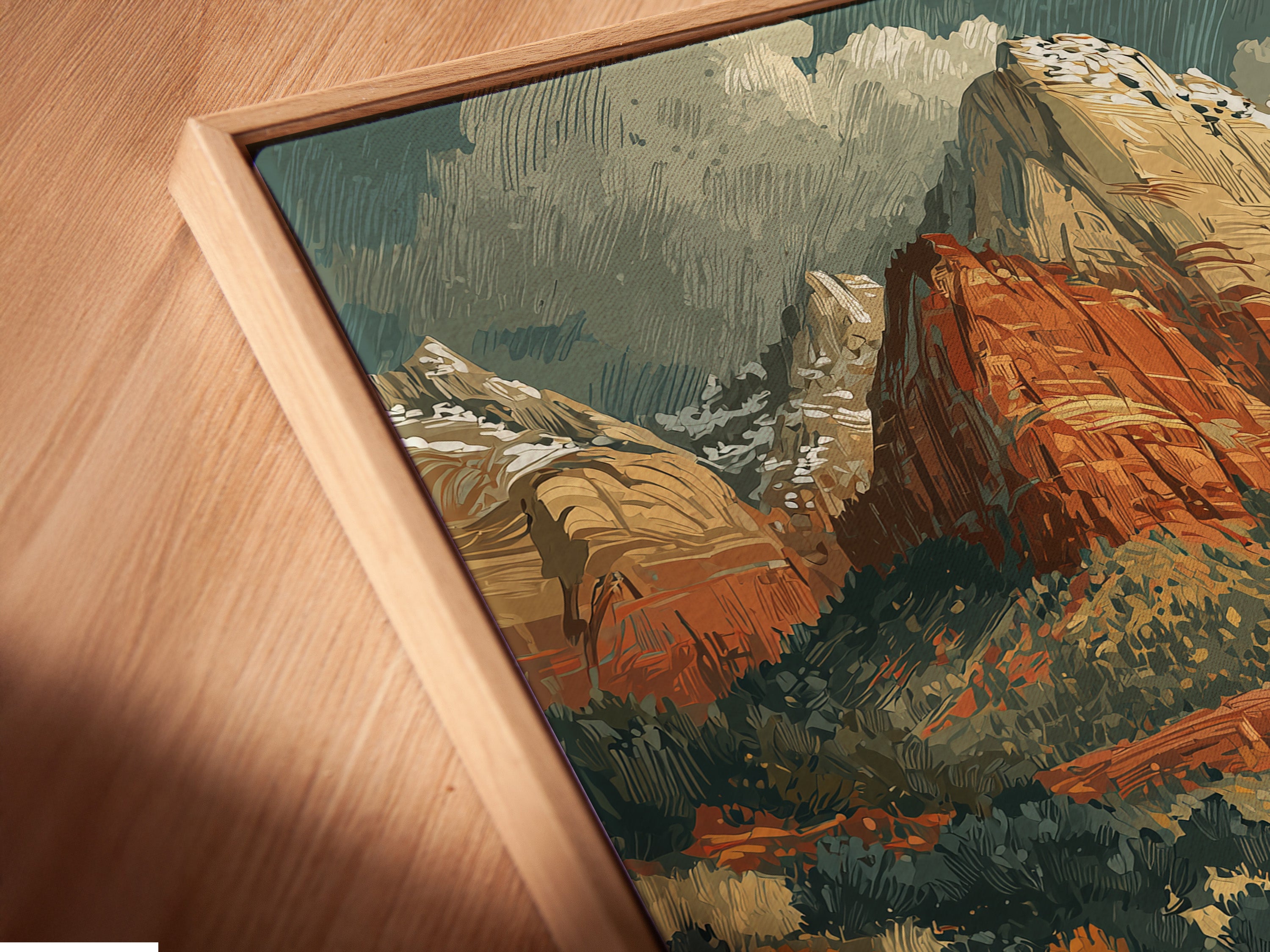 Angled close up of a canvas print in floating frame. This cycling art print is perfect for any room. The vintage adventure wall art is an ideal gift. The desert landscape poster is ideal for home office decor.