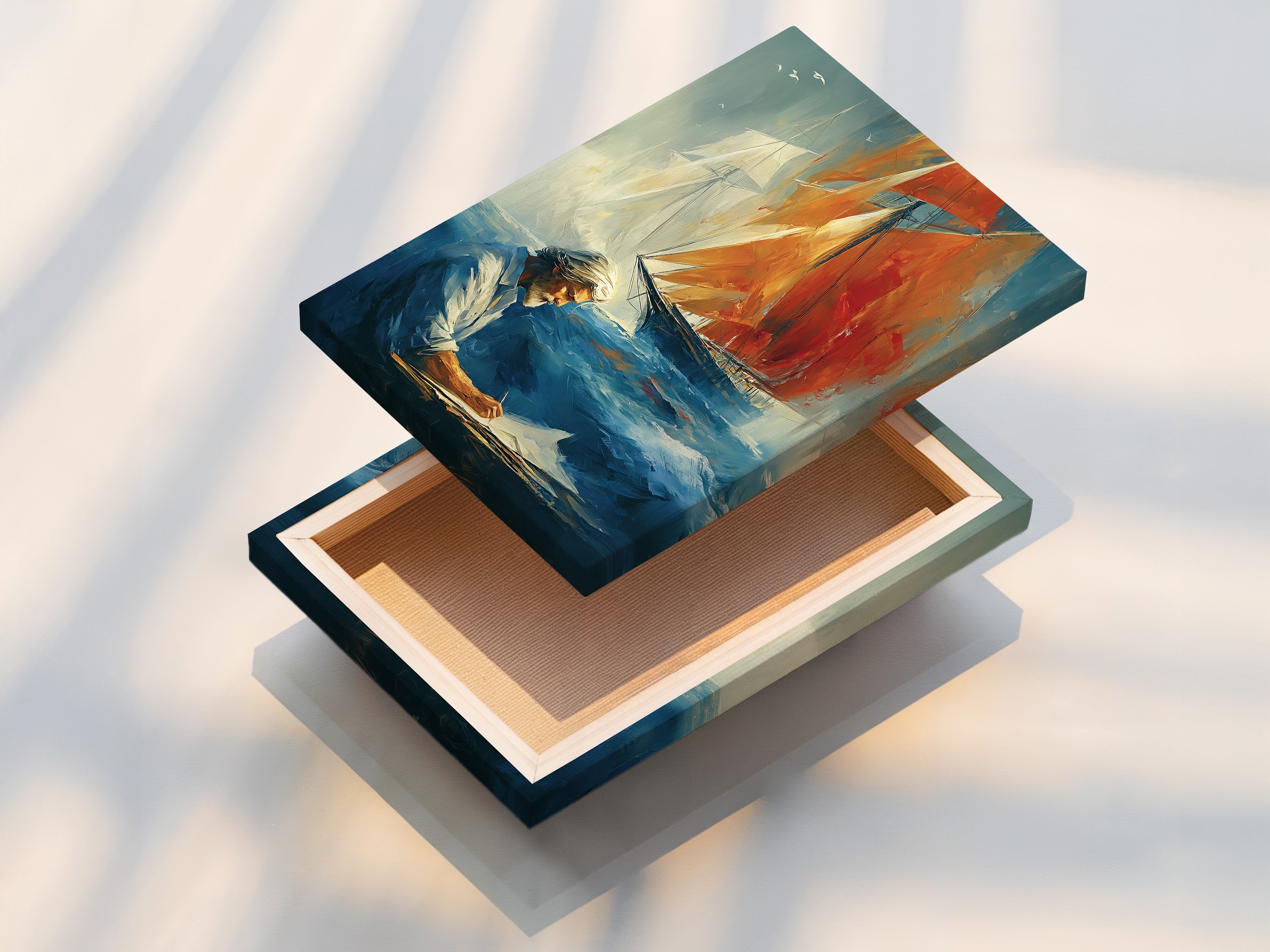 This is a stretched canvas print of nautical sailing art. The vintage maritime wall art features a captain and sailboat. The artwork is perfect for study room decor. Add this beautiful nautical canvas to your home. Ideal for homeowners and renters.