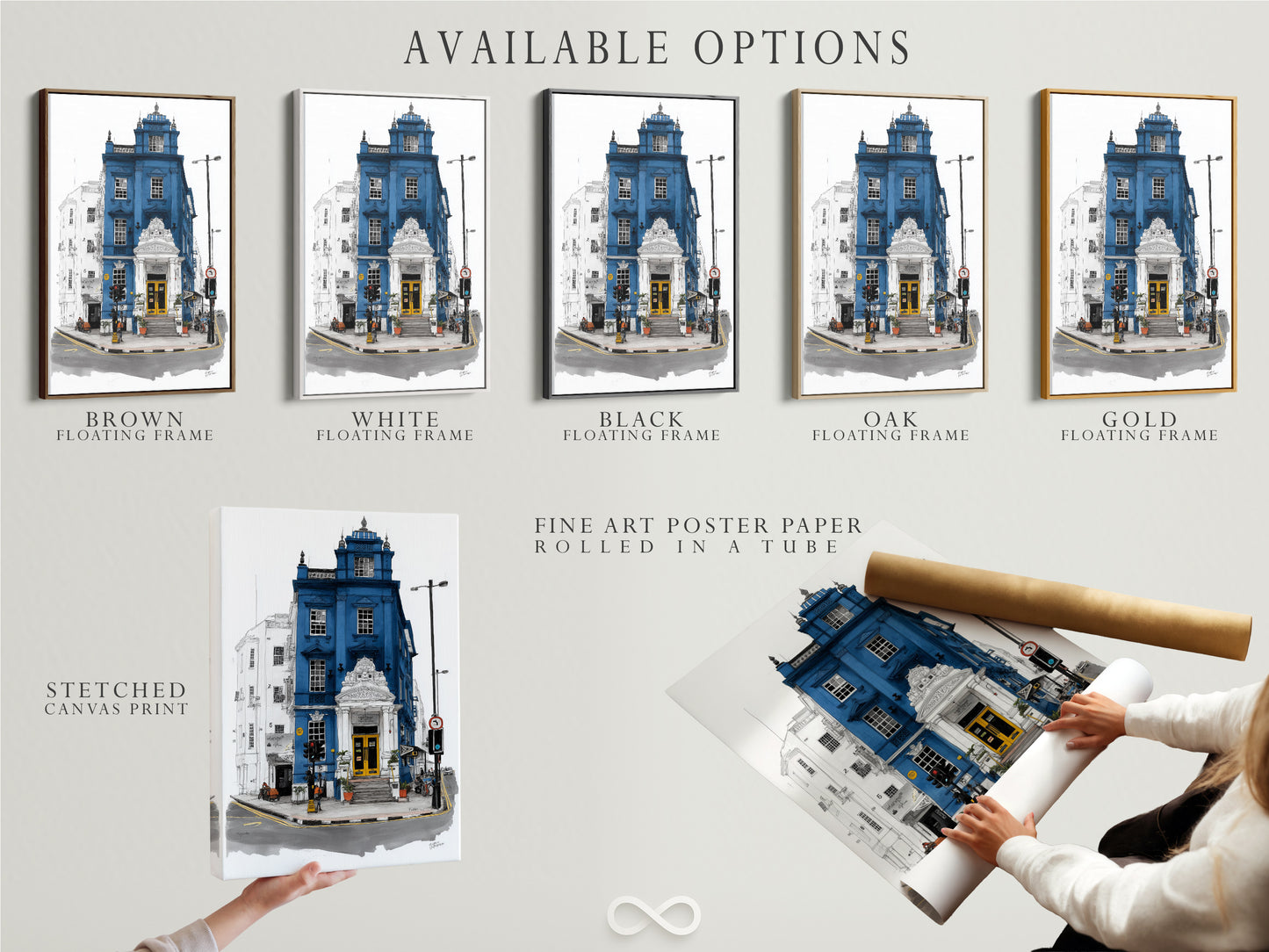 Available options for London Architecture Art. Choose from stretched canvas print fine art poster paper or a floating frame. The artwork features a blue building with a yellow door. Customize your perfect piece today.