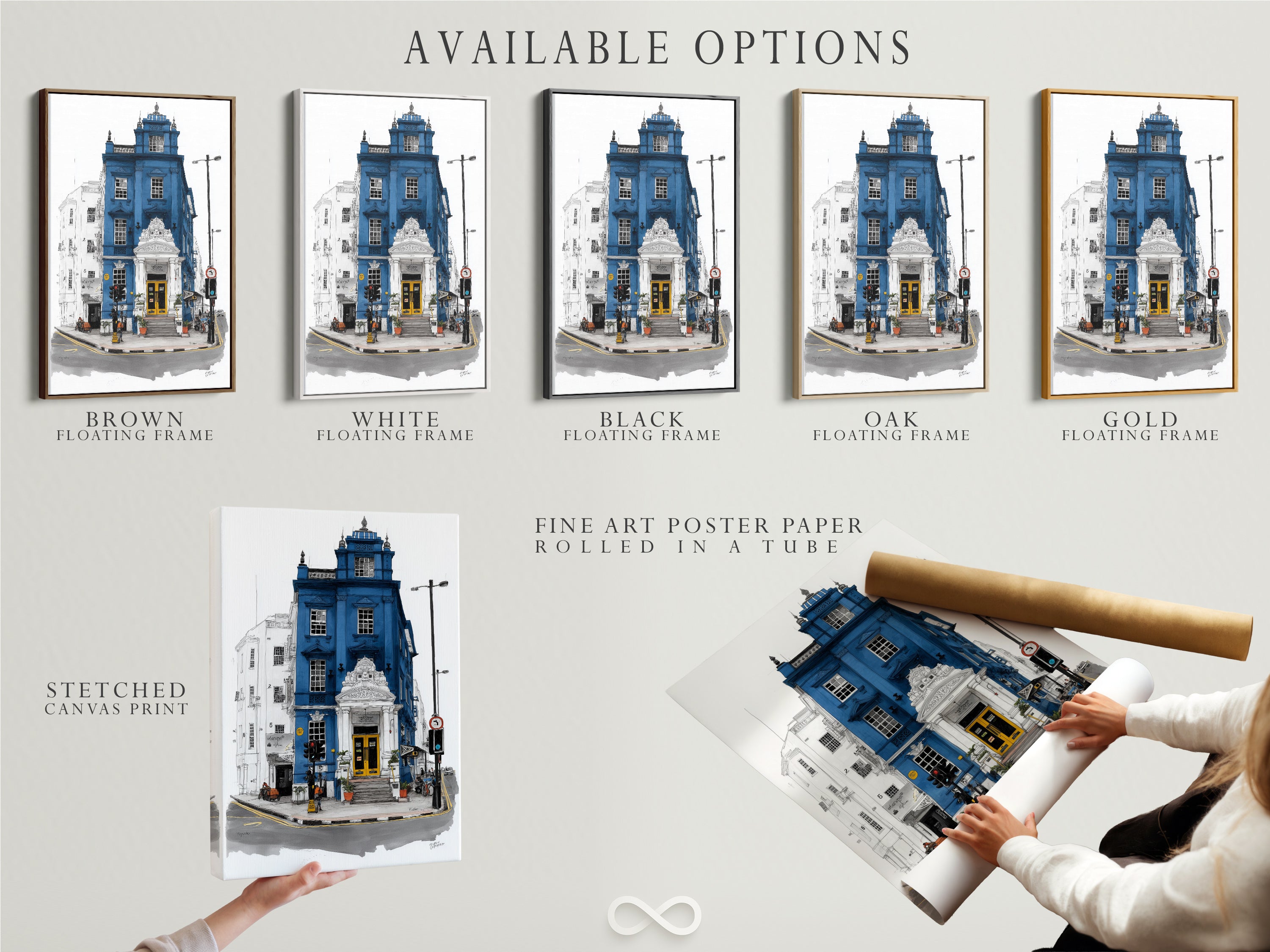 Available options for London Architecture Art. Choose from stretched canvas print fine art poster paper or a floating frame. The artwork features a blue building with a yellow door. Customize your perfect piece today.