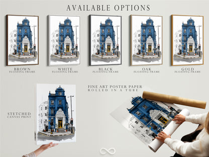 Available options for London Architecture Art. Choose from stretched canvas print fine art poster paper or a floating frame. The artwork features a blue building with a yellow door. Customize your perfect piece today.