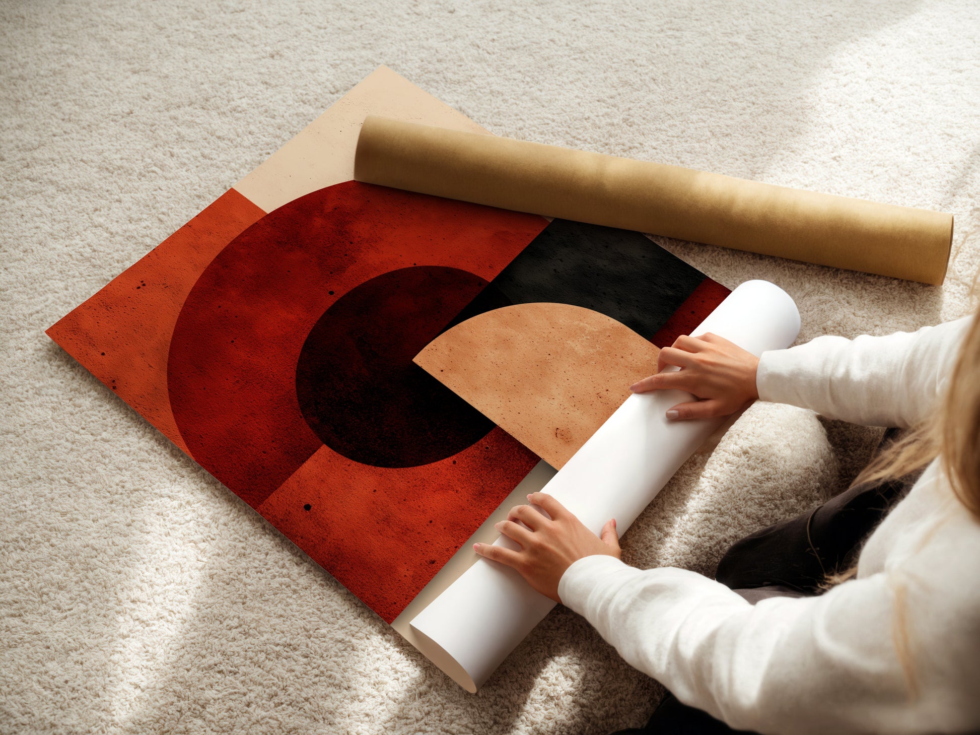 A woman carefully rolls a fine art poster paper. She is ensuring its protection. The delicate paper requires gentle handling. This preserves the artwork's quality. High-quality materials guarantee a stunning final product. Precision is key to preserving fine art.