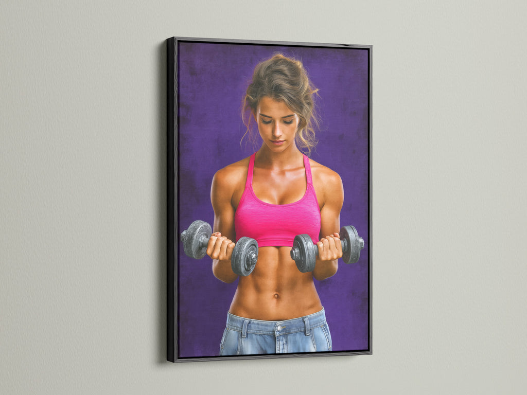 Fitness Woman Canvas Art in a sleek black frame. This striking gym wall decor motivates your fitness journey. It's a great workout print or fitness gift. The black frame offers a bold contemporary look.