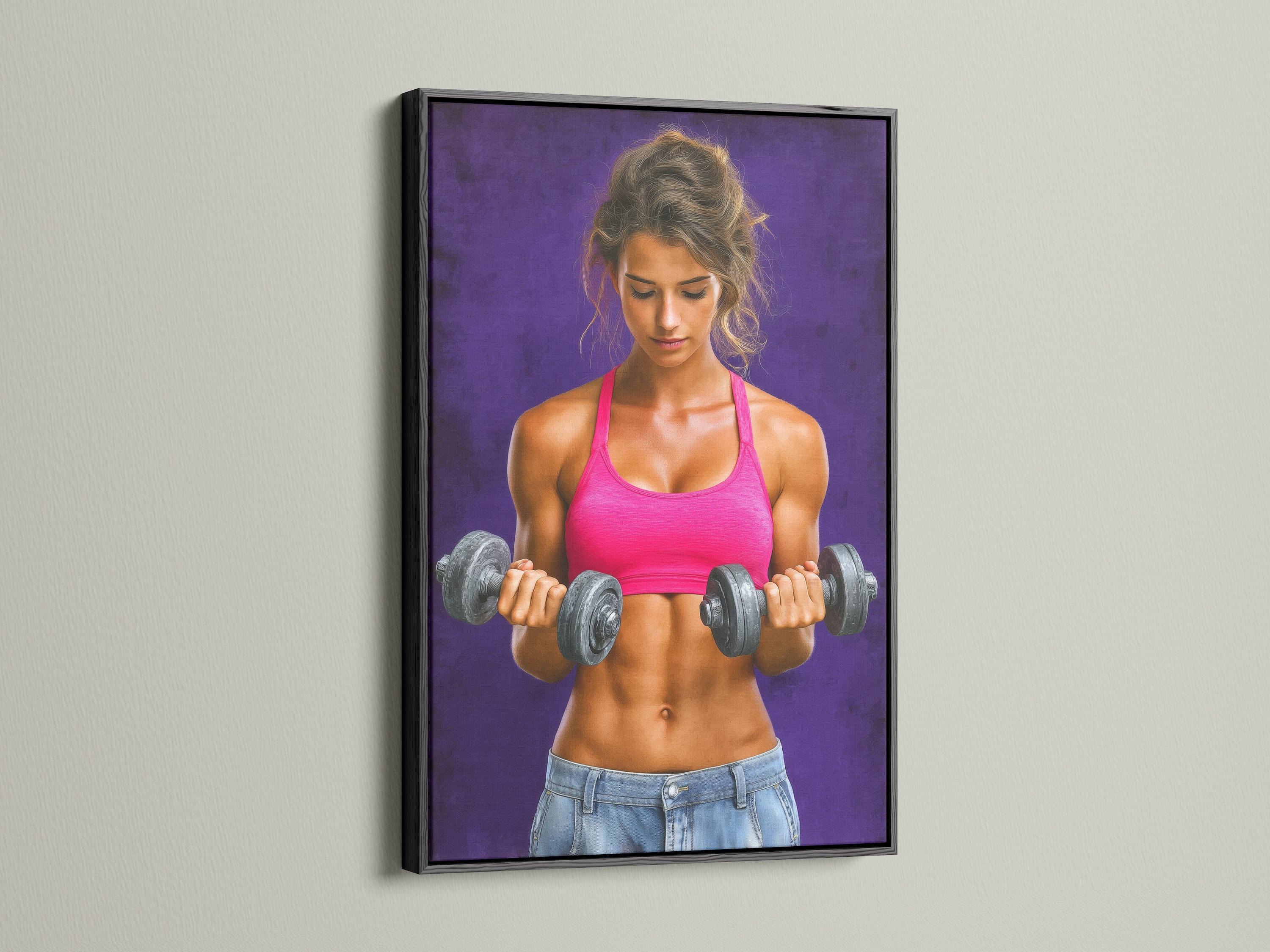 Fitness Woman Canvas Art in a sleek black frame. This striking gym wall decor motivates your fitness journey. It's a great workout print or fitness gift. The black frame offers a bold contemporary look.
