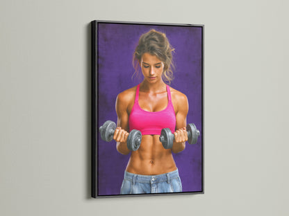 Fitness Woman Canvas Art in a sleek black frame. This striking gym wall decor motivates your fitness journey. It's a great workout print or fitness gift. The black frame offers a bold contemporary look.
