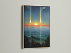 Mountain Sunset Canvas Artwork with an oak frame. This landscape print showcases a beautiful sunset scene. The teal and orange colors create a calming atmosphere. Ideal modern artwork for minimalist spaces.
